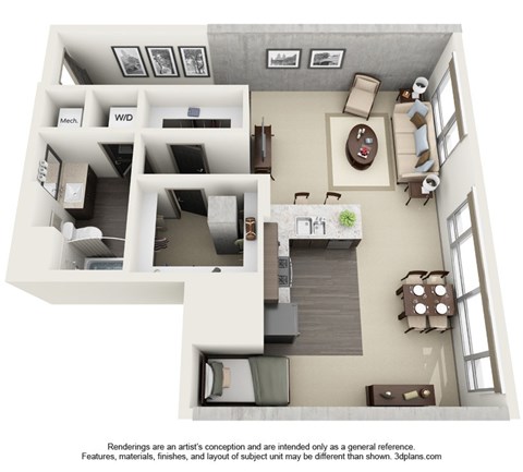 Floor plan for studio, 1 bath, 907 sqft